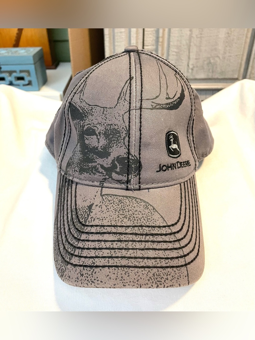 John Deere Hat/Cap-Hook & Loop-Gray-Trucker-Graphic Deer w/Patch-Top Stitching